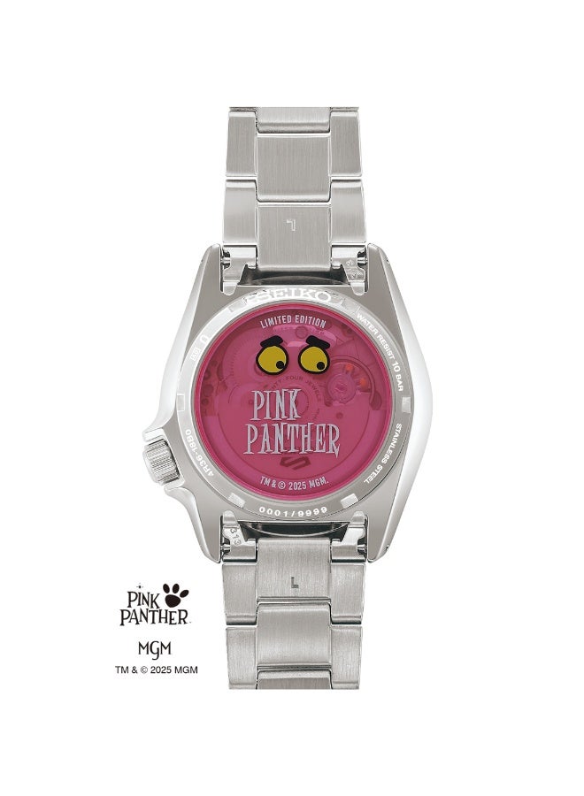 سيكو 5 Sports Limited Edition Pink Panther Collaboration Women’s Watch SBSA321, 38mm Pink Dial, Silver Stainless Steel Case & Bracelet, Automatic Movement, 100 m WR - Image 3