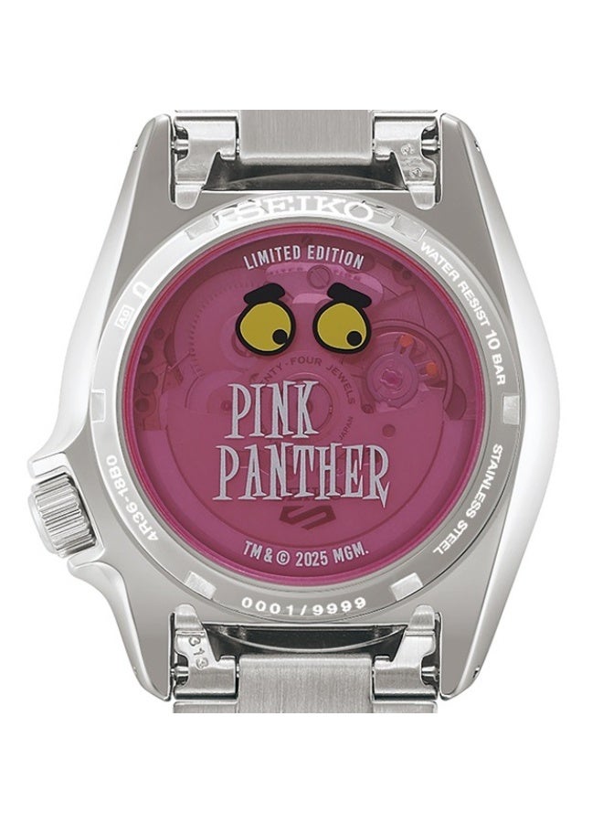 سيكو 5 Sports Limited Edition Pink Panther Collaboration Women’s Watch SBSA321, 38mm Pink Dial, Silver Stainless Steel Case & Bracelet, Automatic Movement, 100 m WR - Image 4