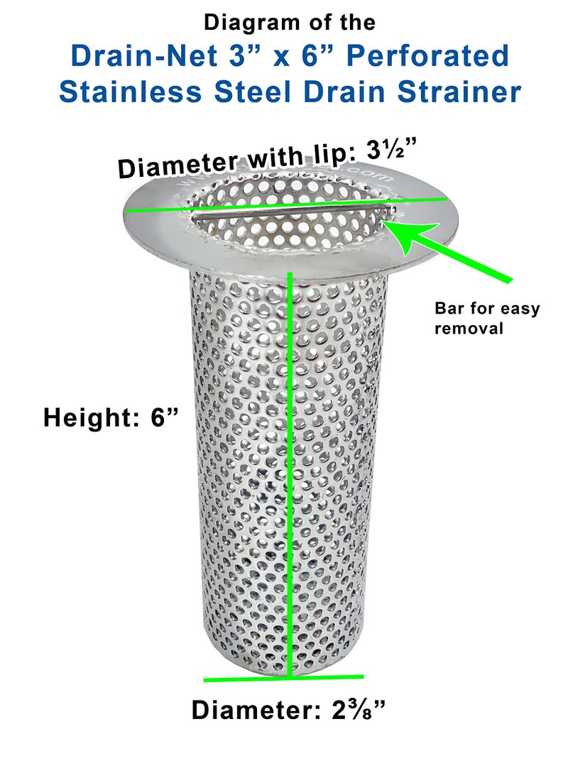 Drain-Net 3" Commercial Floor Drain Strainer, 6" Tall, Perforated Stainless Steel - Image 2