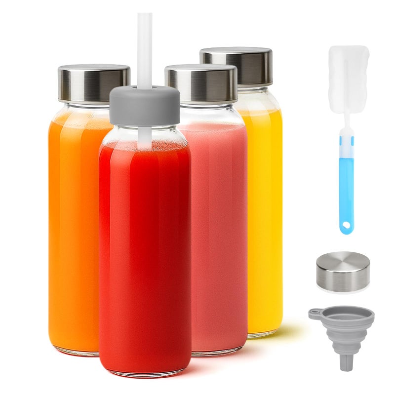 Zukro Glass Water Bottles with Lids & Straw 16 oz, 4 Pack Reusable Juice Bottles With Stainless Steel Cap for Juicing, Leak Proof Clear Smoothie Drinking Jars Beverages Containers, BPA Free - Image 1