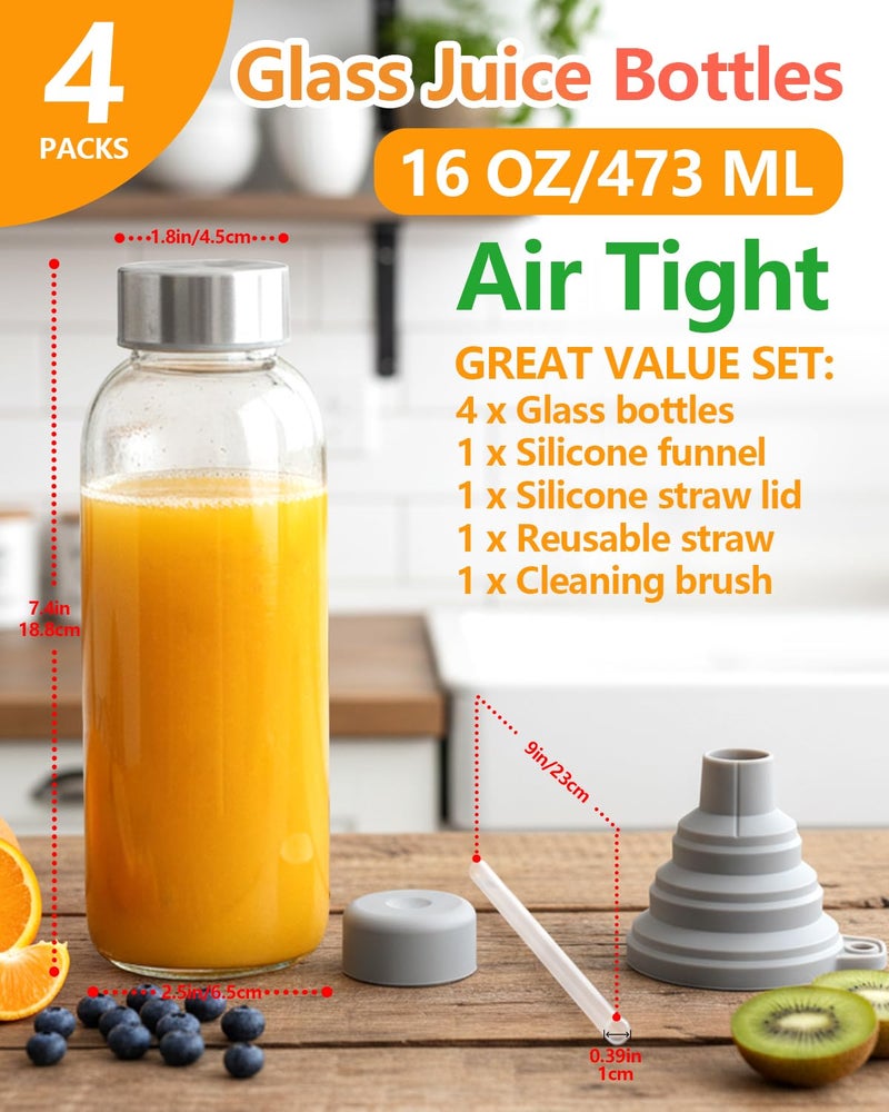 Zukro Glass Water Bottles with Lids & Straw 16 oz, 4 Pack Reusable Juice Bottles With Stainless Steel Cap for Juicing, Leak Proof Clear Smoothie Drinking Jars Beverages Containers, BPA Free - Image 2