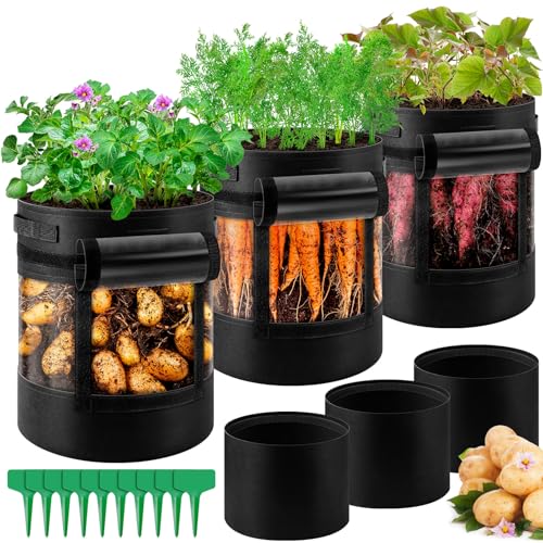 UJG 3 Pack 10 Gallon 360 Visibility Potato Grow Bags with Shading Flap Plant Grow Bags for Growing Potatoes Heavy Duty Thickened Nonwoven Fabric Gardening Vegetable Growing Bags with Harvest Window - Image 1