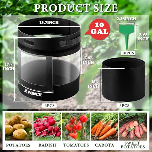 UJG 3 Pack 10 Gallon 360 Visibility Potato Grow Bags with Shading Flap Plant Grow Bags for Growing Potatoes Heavy Duty Thickened Nonwoven Fabric Gardening Vegetable Growing Bags with Harvest Window - Image 3