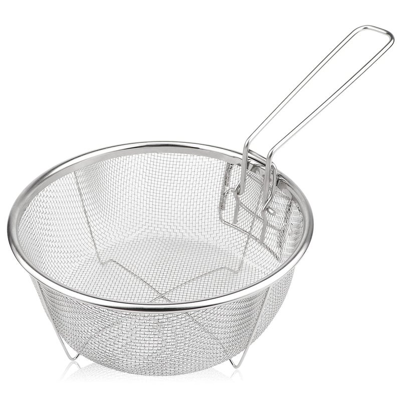 Stainless Steel Drain Basket Multifunctional Foldable Deep Fry Basket  Round Wire Mesh French Chip Frying Serving Food Presentation Tableware with Folding Handles 325X195X85