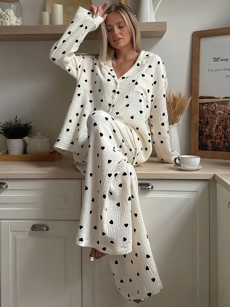Soft And Comfortable Ruffled Heart Print Long Sleeve And Long Pants 2pcs Set - Image 2