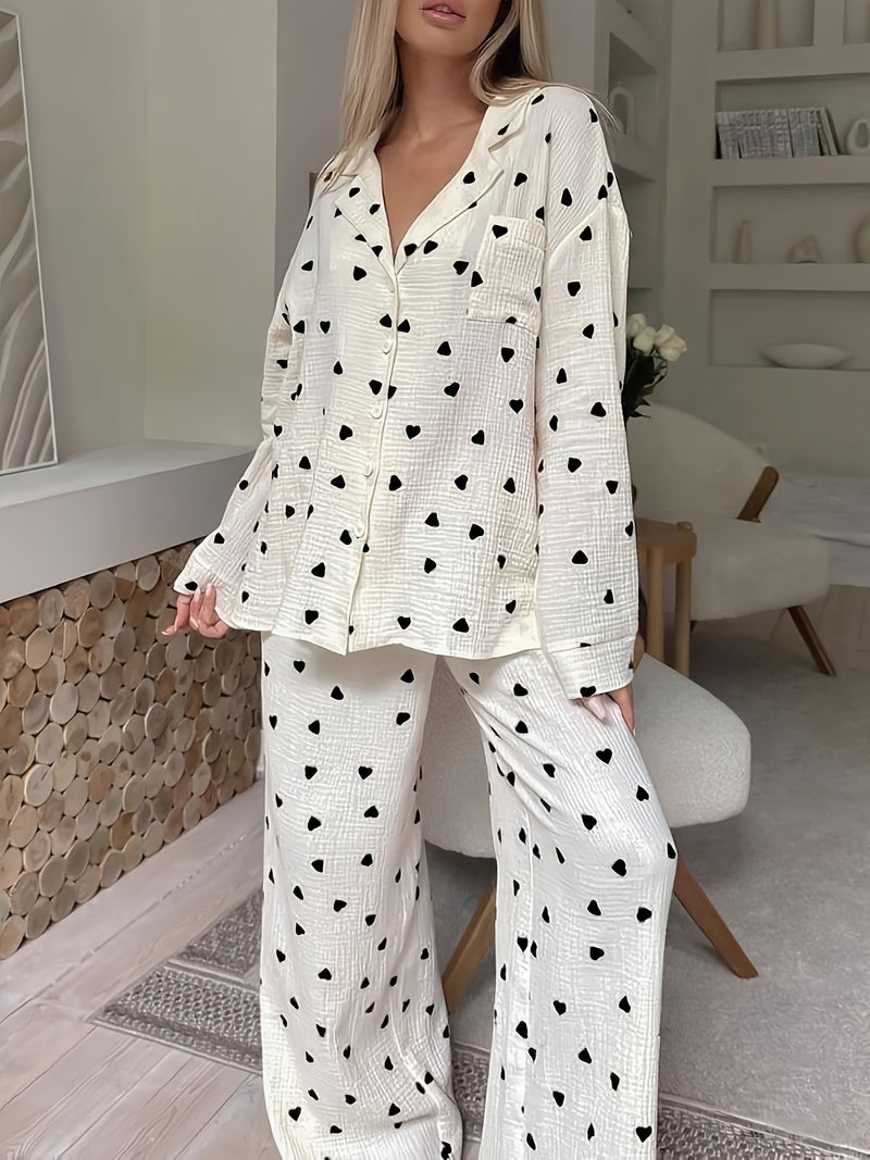 Soft And Comfortable Ruffled Heart Print Long Sleeve And Long Pants 2pcs Set - Image 4