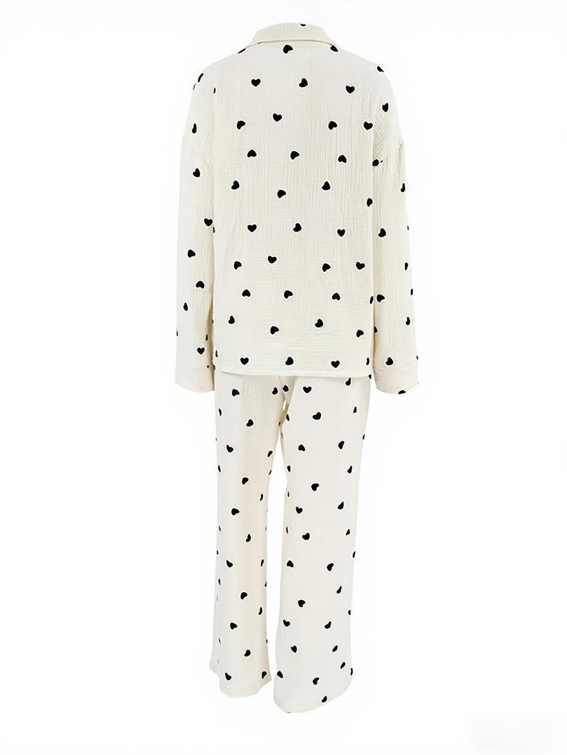 Soft And Comfortable Ruffled Heart Print Long Sleeve And Long Pants 2pcs Set - Image 3