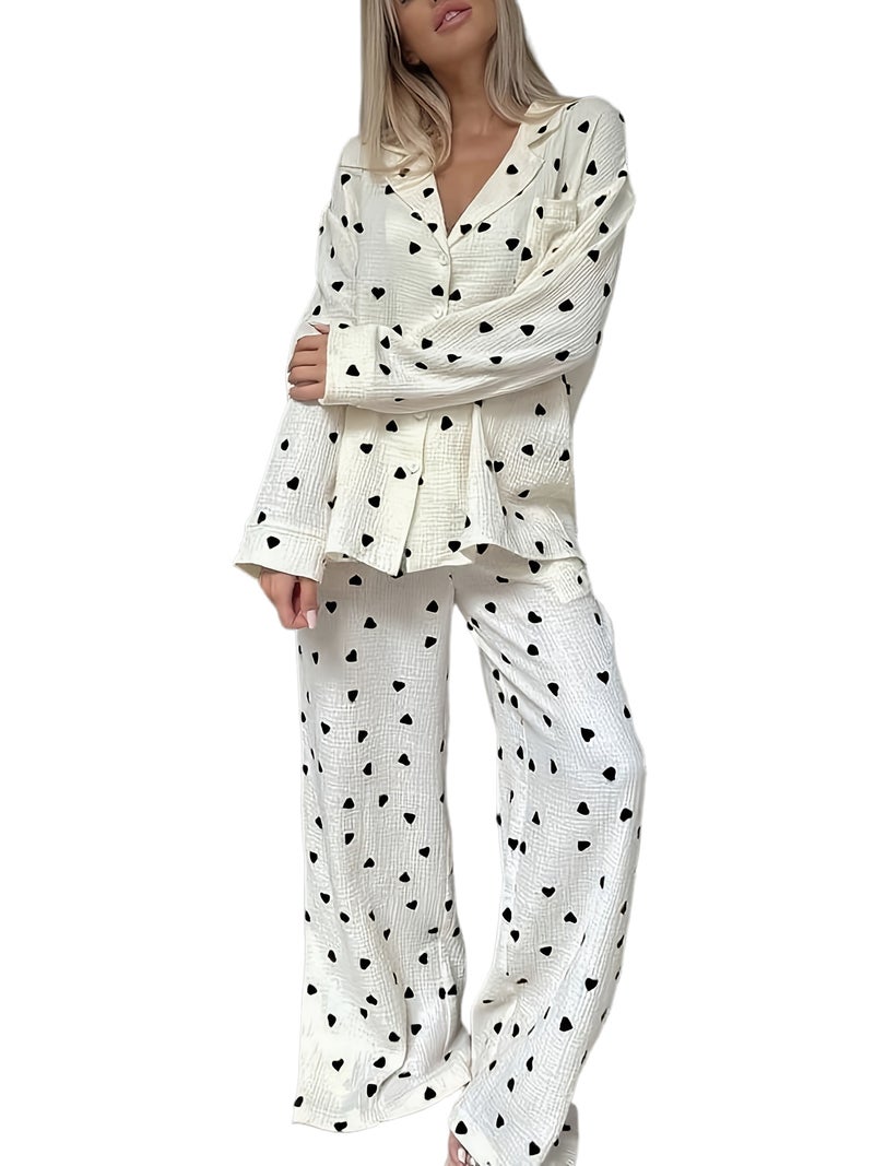 Soft And Comfortable Ruffled Heart Print Long Sleeve And Long Pants 2pcs Set - Image 1