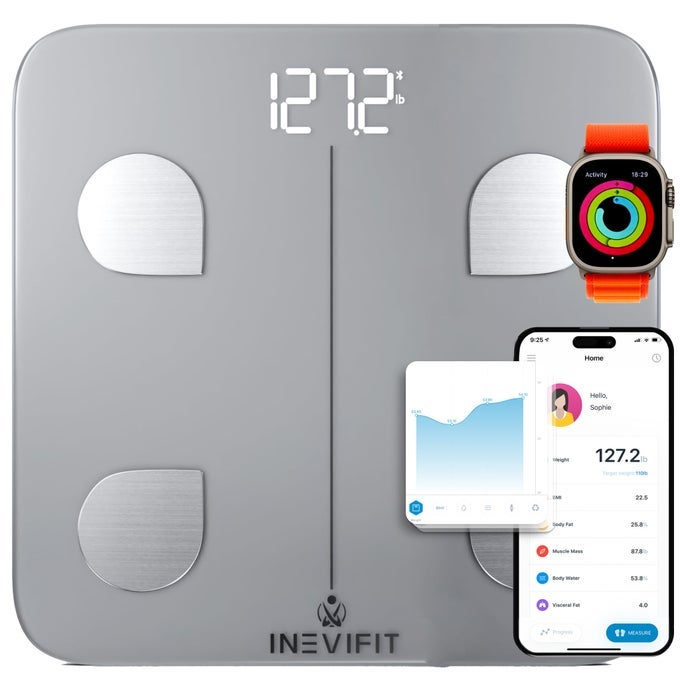 SMART BODY FAT SCALE HIGHLY ACCURATE BLUETOOTH DIGITAL BATHROOM BODY COMPOSITION ANALYZER MEASURES WEIGHT BODY FAT WATER MUSCLE VISCERAL FAT BONE MASS FOR UNLIMITED USERS SILVER