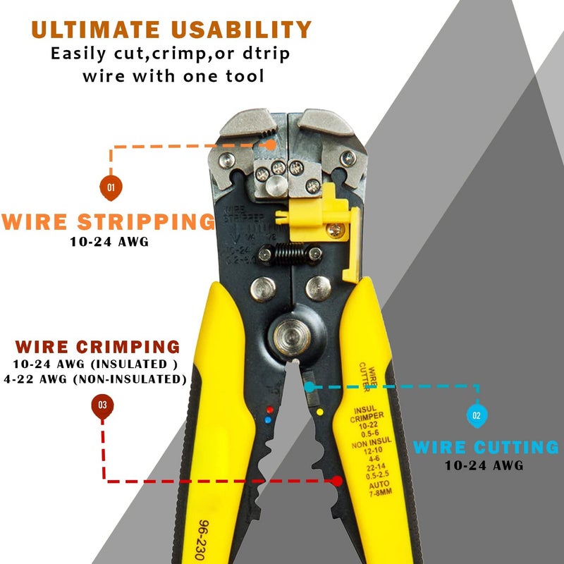 XBEY 8Inch SelfAdjusting Automatic Cable Cutter Crimper 5 in 1 Multipurpose Tool Wire Stripping Cutting Pliers 1024 AWG 0260mm Yellow Crimping Cutter - Image 3