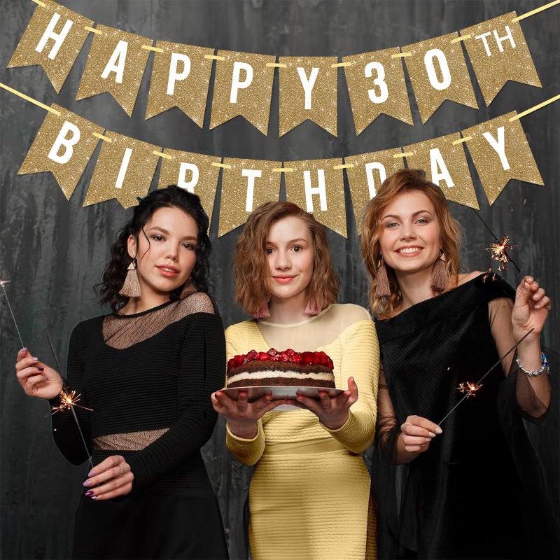 Netnology Pre-Strung Gold Happy 30Th Birthday Banner Decorations 12 Ft No Diy Gold Glitter 30Th Birthday Party Banner Sign Decor For Women Men Girl Boy Party Supplies - Image 5