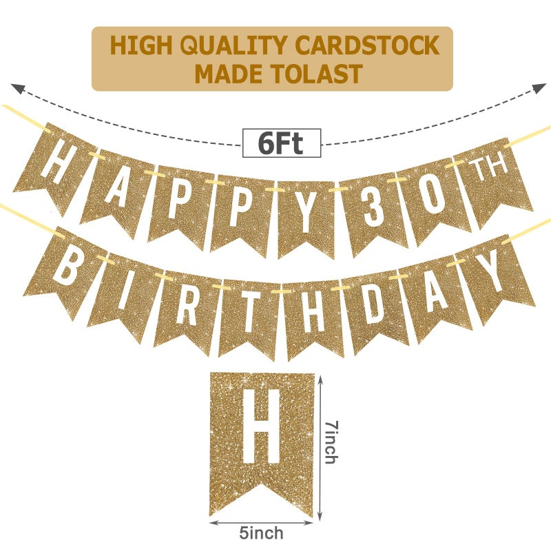 Netnology Pre-Strung Gold Happy 30Th Birthday Banner Decorations 12 Ft No Diy Gold Glitter 30Th Birthday Party Banner Sign Decor For Women Men Girl Boy Party Supplies - Image 2