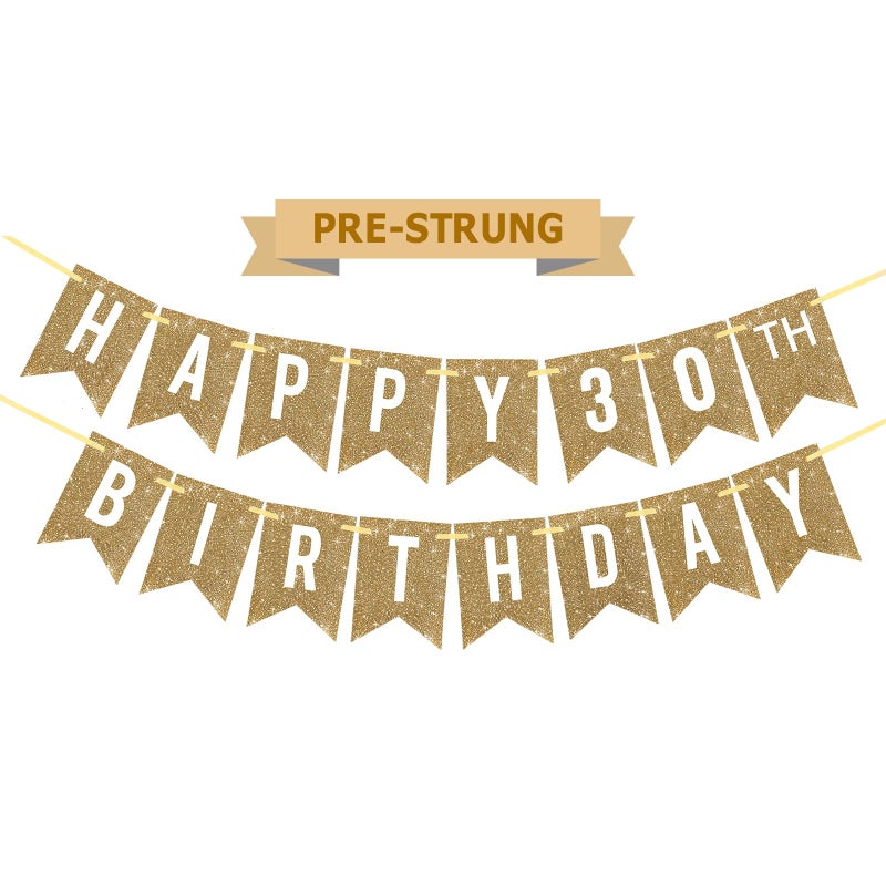 Netnology Pre-Strung Gold Happy 30Th Birthday Banner Decorations 12 Ft No Diy Gold Glitter 30Th Birthday Party Banner Sign Decor For Women Men Girl Boy Party Supplies - Image 1