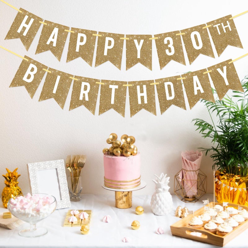 Netnology Pre-Strung Gold Happy 30Th Birthday Banner Decorations 12 Ft No Diy Gold Glitter 30Th Birthday Party Banner Sign Decor For Women Men Girl Boy Party Supplies - Image 4