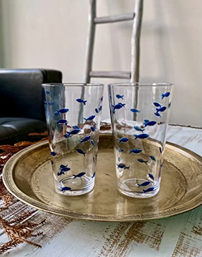 KLIFA- CHARLESTON- 19 oz, Set of 6, Acrylic Fishing Highball, School of Fish Drinking Glasses, BPA-Free, Stackable Plastic Drinkware, Dishwasher Safe Cups, Clear with Dark Blue Printing - Image 2
