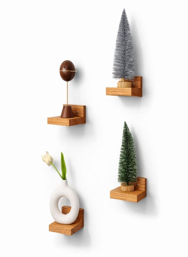 Decorotika Tumas Floating Mini Wall Shelf Set of 4 - Solid Red Oak Corner Shelves, Small Wall Mounted Display Shelves for Decor, Natural Wood Finish, Modern Minimalist Floating Shelves - Image 1