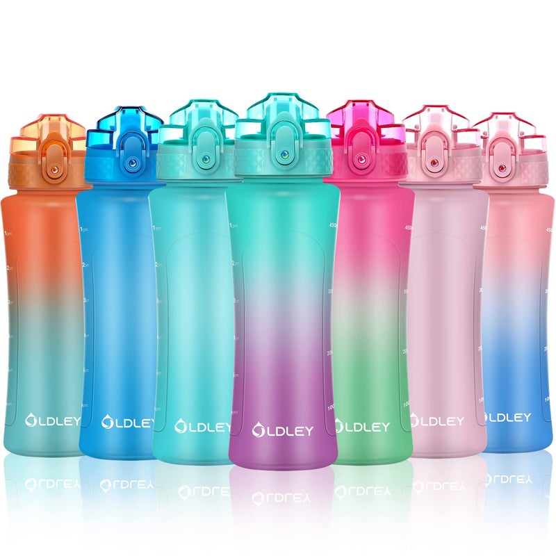 OLDLEY Kids Water Bottle with Straw 15 oz BPA-Free Leak-Proof Motivational Water Bottles with Time Marker for School Sports Travel Gym, Easy to Use for Girls Goys, 1 Straw Lid, Mint Purple - Image 1