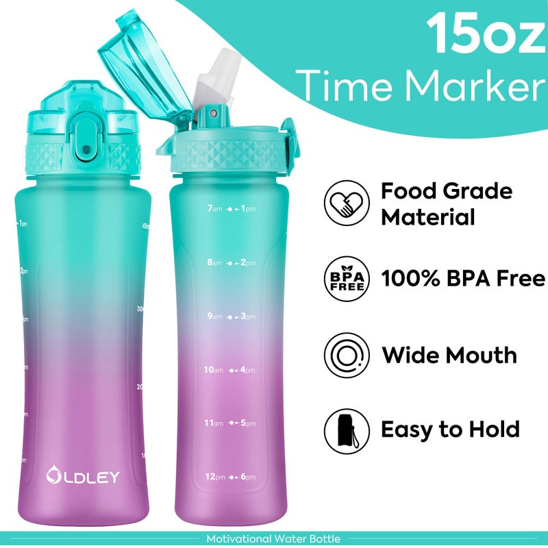 OLDLEY Kids Water Bottle with Straw 15 oz BPA-Free Leak-Proof Motivational Water Bottles with Time Marker for School Sports Travel Gym, Easy to Use for Girls Goys, 1 Straw Lid, Mint Purple - Image 4