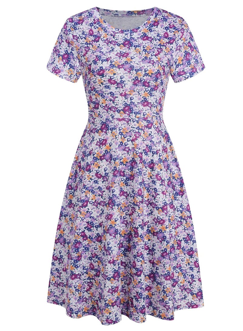 HELYO Women's Elegant Vintage 50s Office Casual Floral Print Work Party A-Line Swing Dress with Pockets 162 (L, Purple Floral) - Image 3