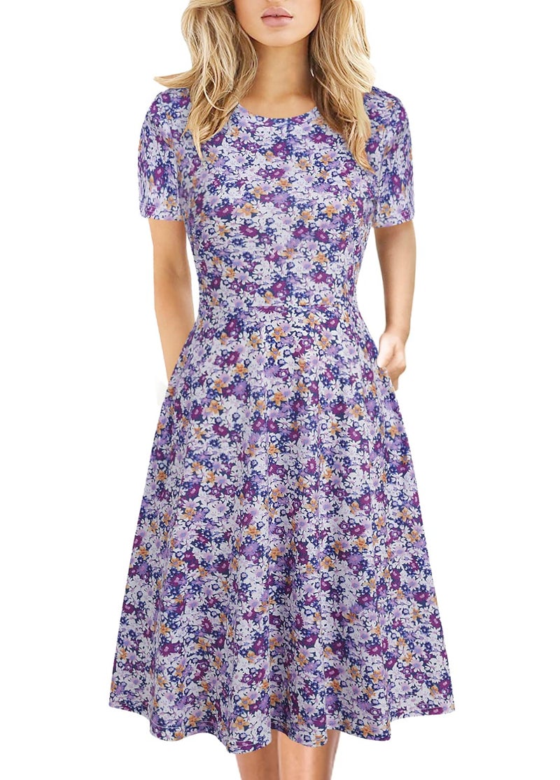 HELYO Women's Elegant Vintage 50s Office Casual Floral Print Work Party A-Line Swing Dress with Pockets 162 (L, Purple Floral) - Image 1