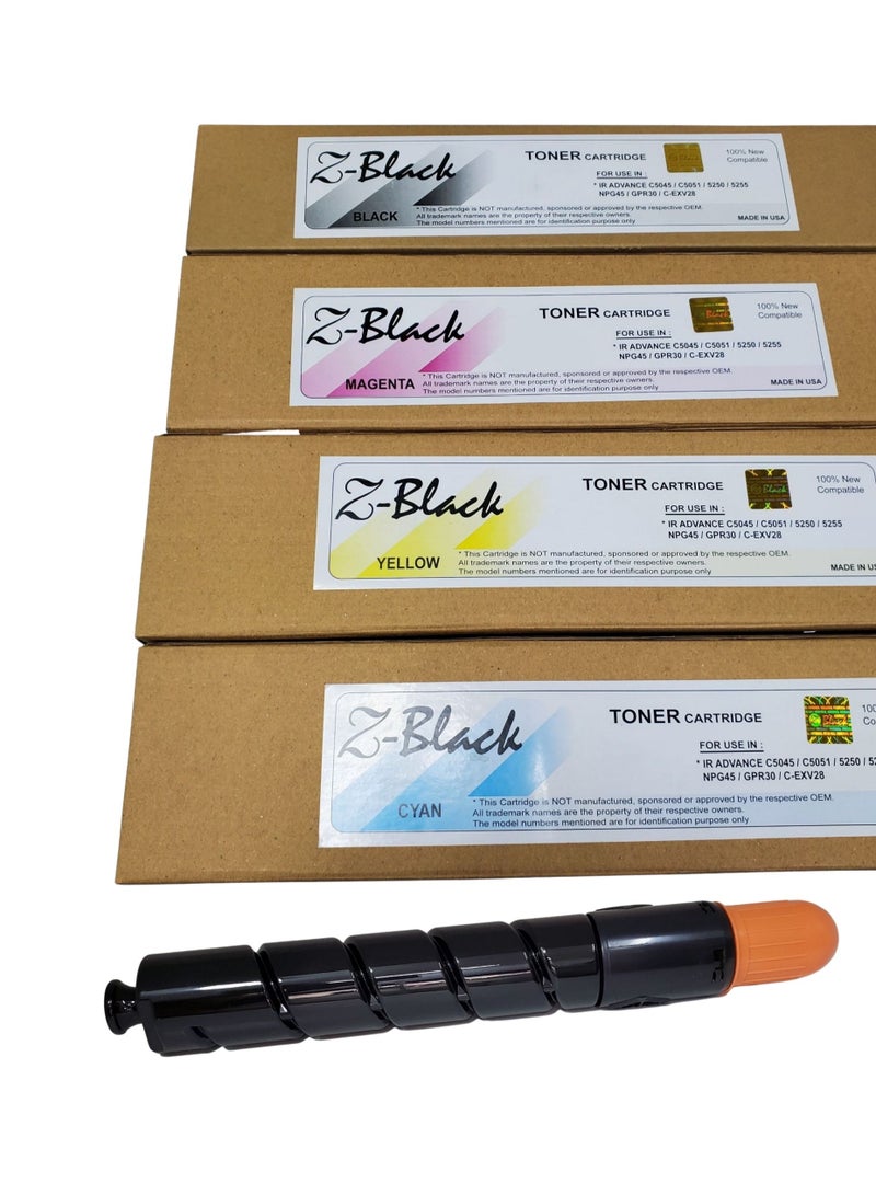 Z-Black Compatible Toner Cartridge for Canon IR Advance C-5045 5051 5250 5255 NPG45 GPR30 C-EXV28 ( All 4 Pieces Complete Set ) - Image 2