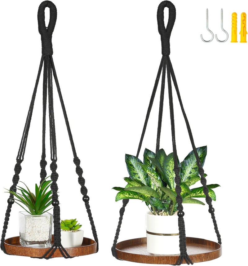 Shineloha 2 Pack Macrame Plant Hanger | Plant Hanger Indoor, Hanging Planter Shelf | Hanging Planter (Black) (1 Large + 1 Medium) - Image 1
