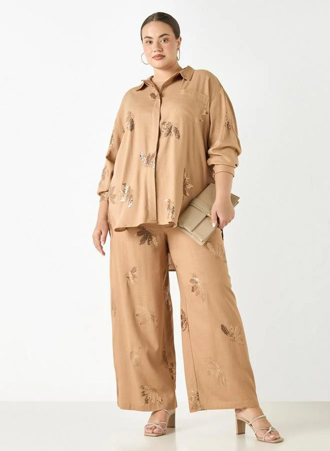 Ulla Popken Plus Size Ulla Popken All-Over Embellished High Low Shirt with Long Sleeves