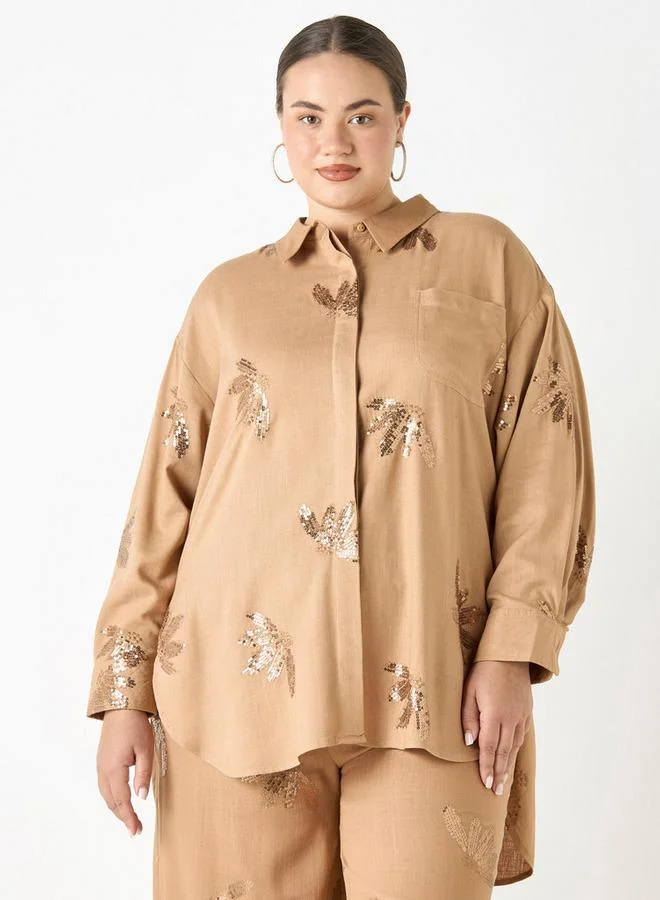 Ulla Popken Plus Size Ulla Popken All-Over Embellished High Low Shirt with Long Sleeves