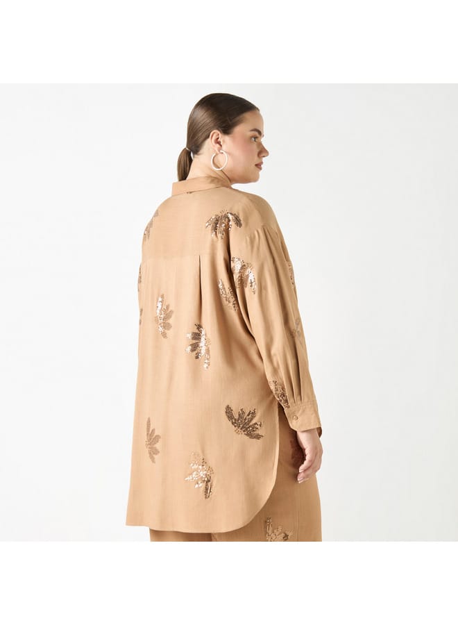 Ulla Popken Plus Size Ulla Popken All-Over Embellished High Low Shirt with Long Sleeves  - Image 3