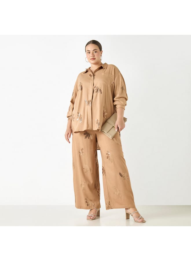 Ulla Popken Plus Size Ulla Popken All-Over Embellished High Low Shirt with Long Sleeves  - Image 2