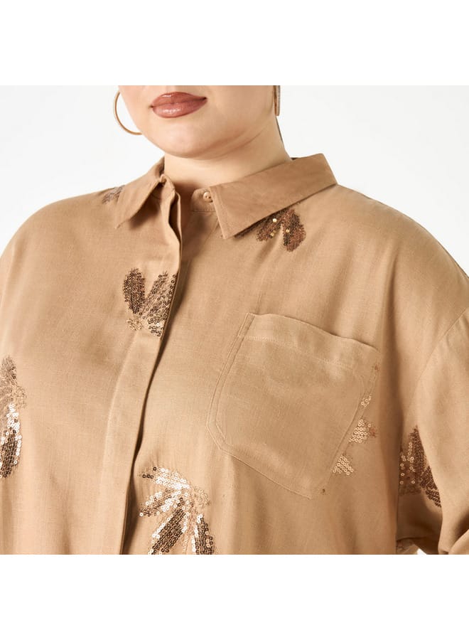 Ulla Popken Plus Size Ulla Popken All-Over Embellished High Low Shirt with Long Sleeves  - Image 4