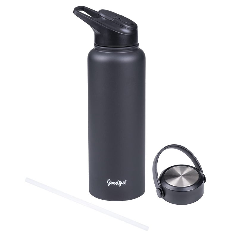 Goodful Double Wall Vacuum Sealed Insulated Water Bottle with Two Interchangeable Lids Sipping or Chugging Lids LeakProof Wide Mouth for Drinking and Cleaning 40 Oz Charcoal Gray