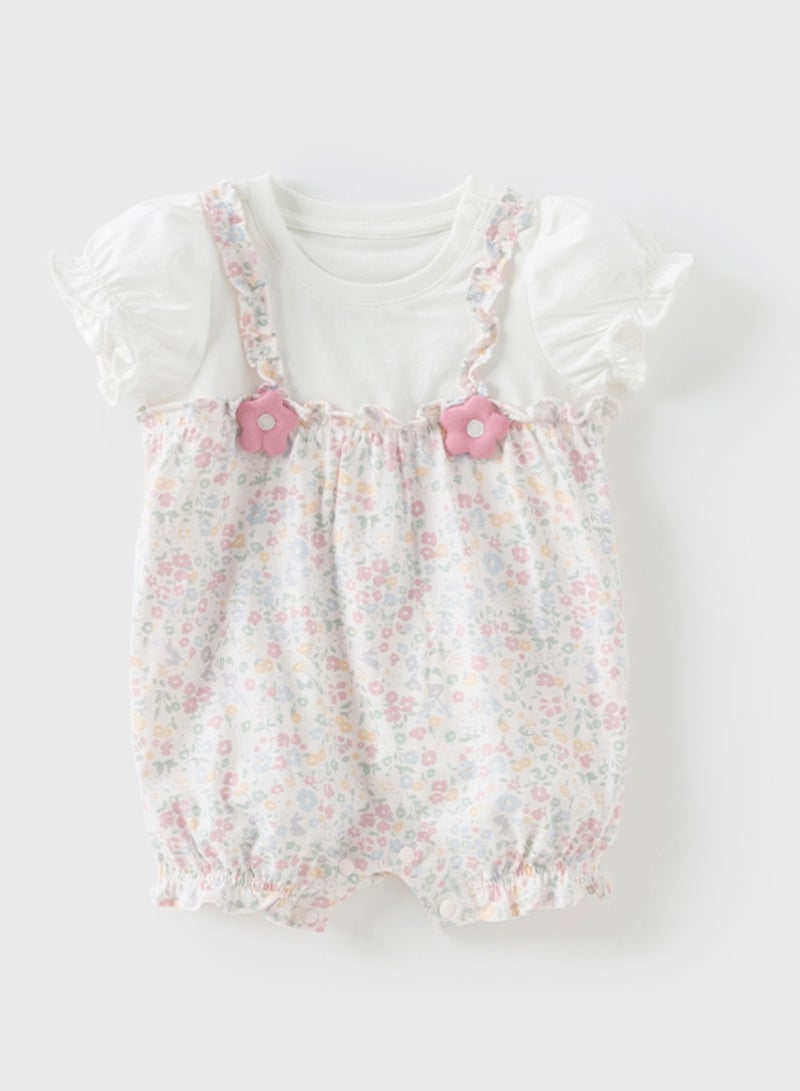Dave & Bella Baby Girl floral cotton romper with puff sleeves and pink flower detail - Image 4