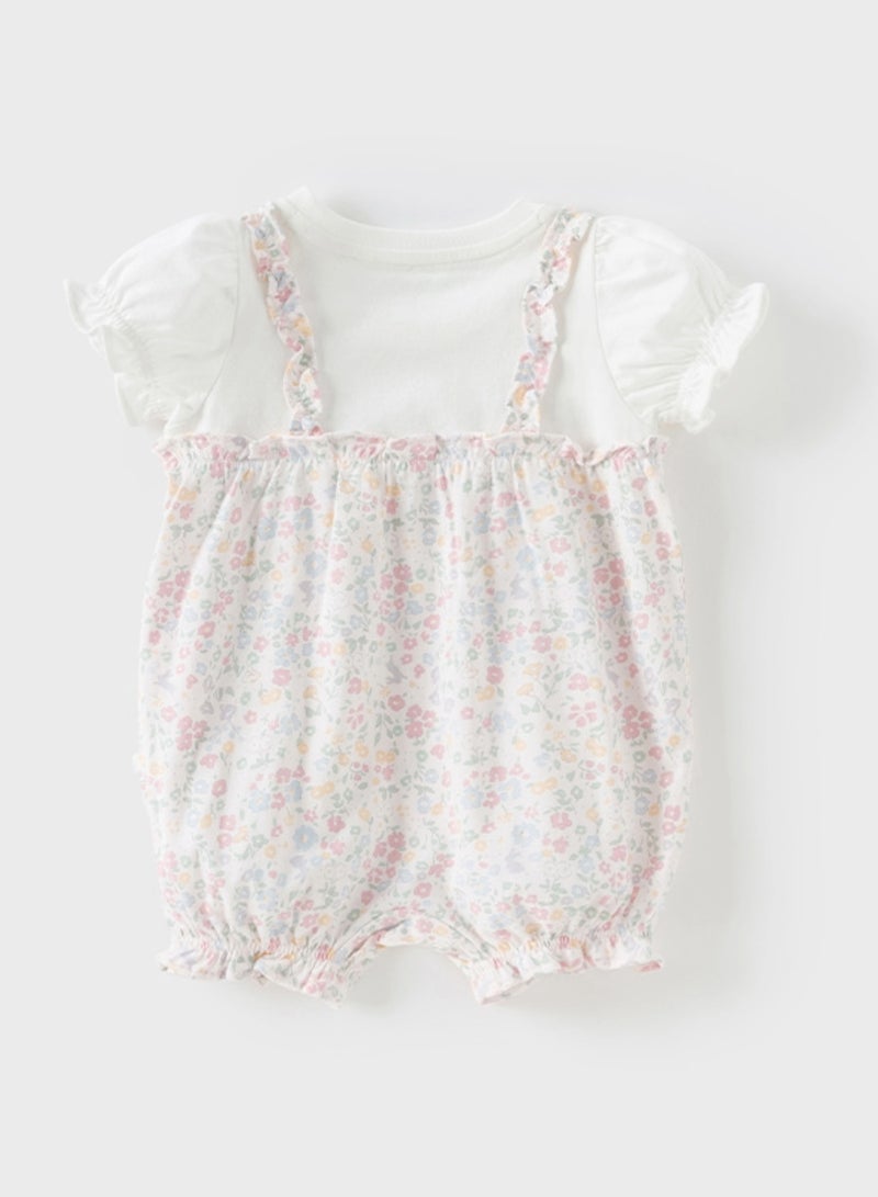 Dave & Bella Baby Girl floral cotton romper with puff sleeves and pink flower detail - Image 5
