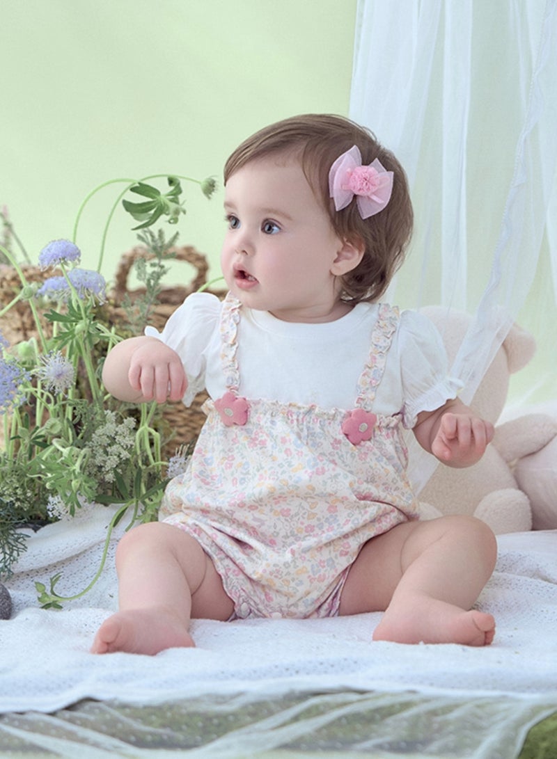 Dave & Bella Baby Girl floral cotton romper with puff sleeves and pink flower detail - Image 1