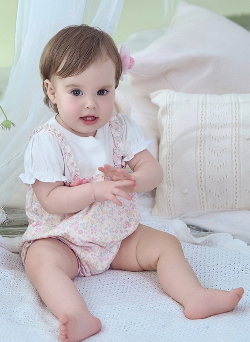 Dave & Bella Baby Girl floral cotton romper with puff sleeves and pink flower detail - Image 3