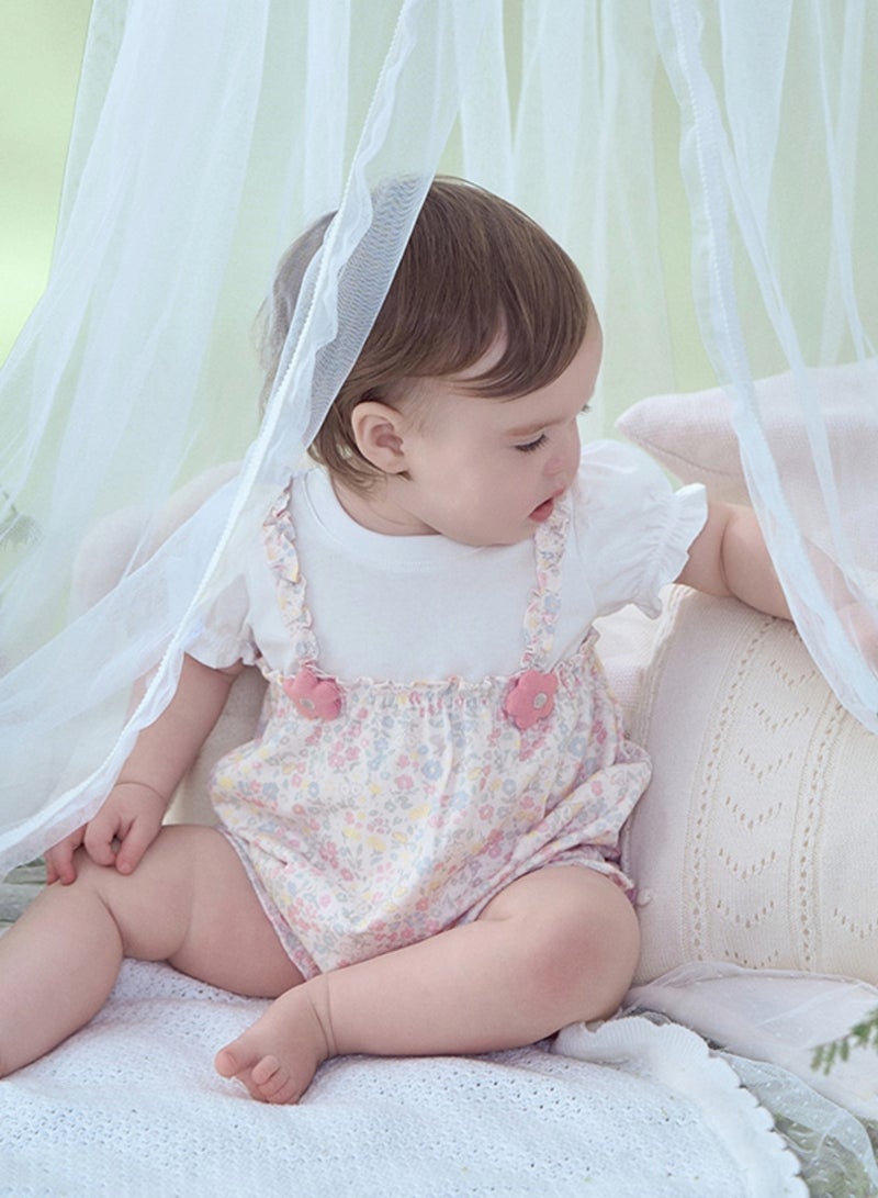 Dave & Bella Baby Girl floral cotton romper with puff sleeves and pink flower detail - Image 2