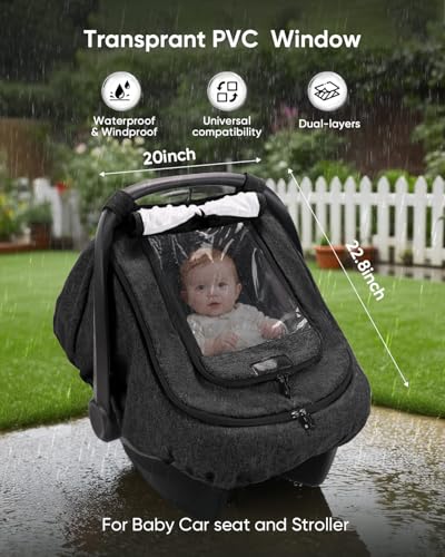 TinlyFinly Waterproof Car Seat Cover for Baby 2Layer Car Seat Rain Cover with Clear Window Sunshade Mesh Cover Universal Infant Carseat Canopy for Stroller Protect from Rain and Snow Black - Image 3