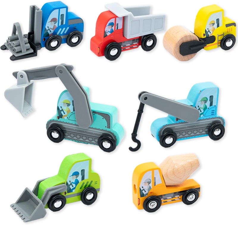umu Wooden Construction Truck Set, Sandpit Toys, Engineering Toy Car with Excavator, Digger, 8 PCS, Machines Vehicle, Matched with Railway Play, Indoor Outdoor Playset for Ages 3+ - Image 1