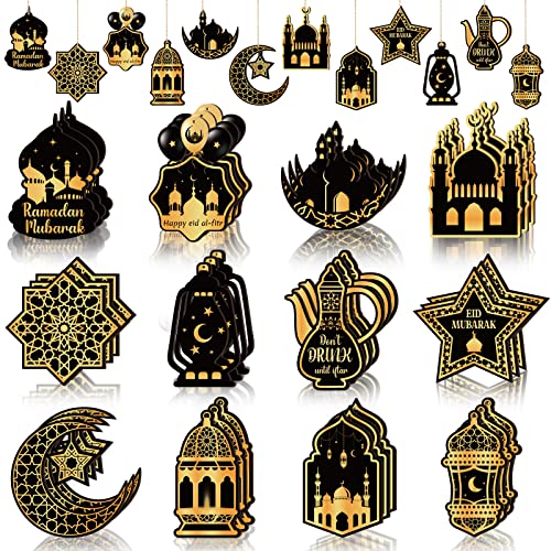 Purpeak 36 Pcs Ramadan Wooden Ornaments Eid Mubarak Hanging Ornaments Ramadan Mubarak Eid Party Wall Decorations Moon Star Wooden Hanging Ornaments for Tabletop Trees Decor 12 Styles - Image 1