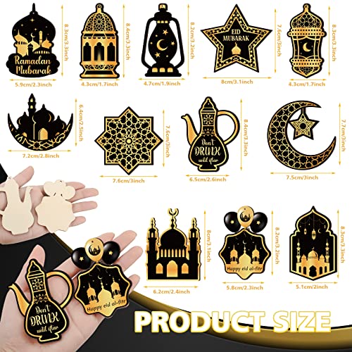 Purpeak 36 Pcs Ramadan Wooden Ornaments Eid Mubarak Hanging Ornaments Ramadan Mubarak Eid Party Wall Decorations Moon Star Wooden Hanging Ornaments for Tabletop Trees Decor 12 Styles - Image 2