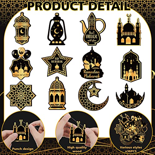 Purpeak 36 Pcs Ramadan Wooden Ornaments Eid Mubarak Hanging Ornaments Ramadan Mubarak Eid Party Wall Decorations Moon Star Wooden Hanging Ornaments for Tabletop Trees Decor 12 Styles - Image 3