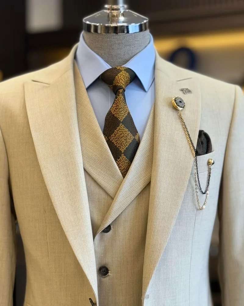 ترزي ادم التون Italian Style Jacket Vest Trouser Suit Beige T12819