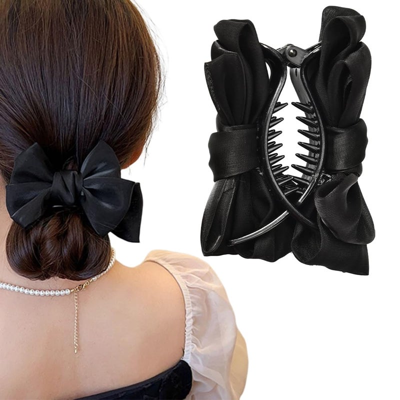 YangQian Black Hair Accessories Silky Satin Banana Hair Clips Ponytail Holders Claw Clips Bun Decorations with Large Bow Knot Barrettes for Women and Girls