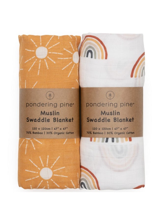 Pondering Pine - Organic Baby Muslin Swaddle Blankets For Boy Or Girl - Sun And Rainbow Swaddling Blanket 2 Pack - Soft Muslin, Xlarge And Breathable, Boho Baby, 47" X 47" - Image 1