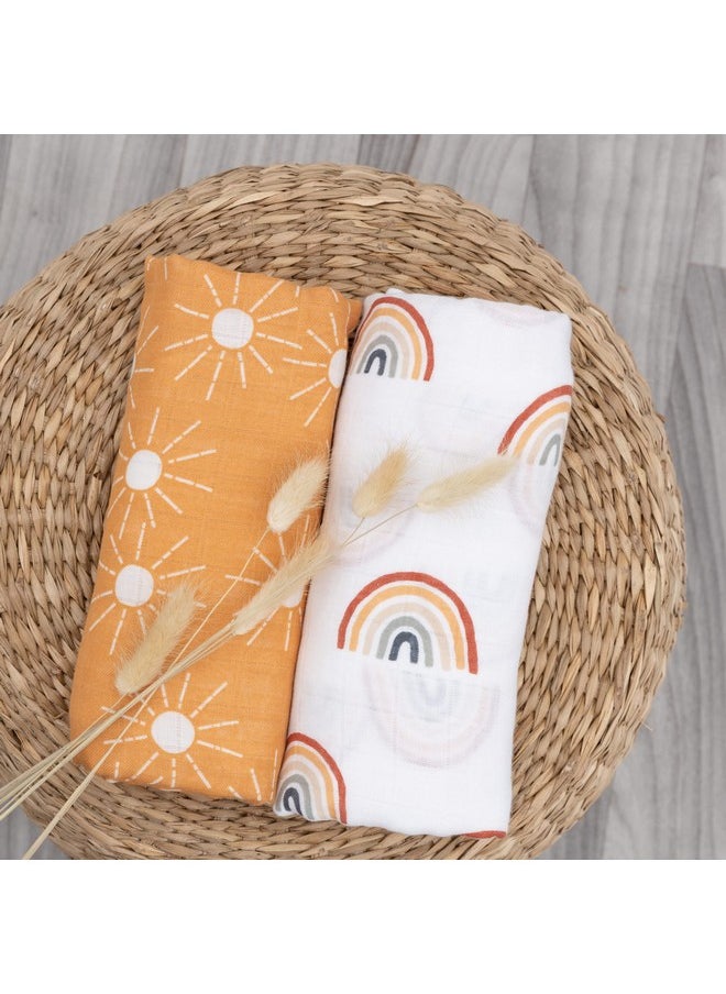 Pondering Pine - Organic Baby Muslin Swaddle Blankets For Boy Or Girl - Sun And Rainbow Swaddling Blanket 2 Pack - Soft Muslin, Xlarge And Breathable, Boho Baby, 47" X 47" - Image 1
