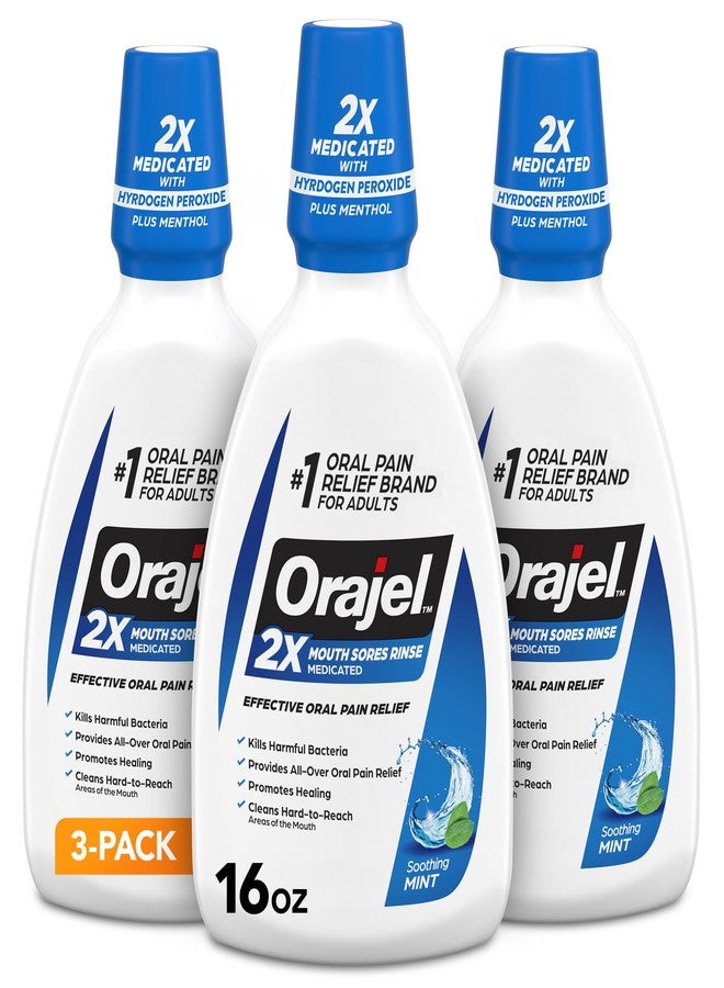 Orajel Nonseptic Mouth Sore Rinse 16oz, Soothing Mint Flavor, Provides Pain Relief, Promotes Healing, 3-Pack - Image 1