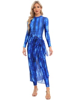 Womens Muslim Swimsuits Tie Dye Top Swim Pants with Long Sarong Cover up Wrap Skirt Swimwear Modest Bathing Burkinis Suit 4PCS