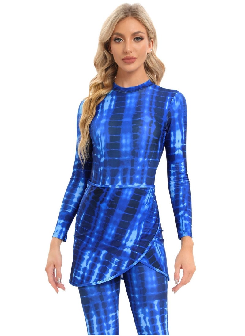 NIBEMINENT - Womens Muslim Swimsuits Tie Dye Top Swim Pants with Long Sarong Cover up Wrap Skirt Swimwear Modest Bathing Burkinis Suit 4PCS - Image 1