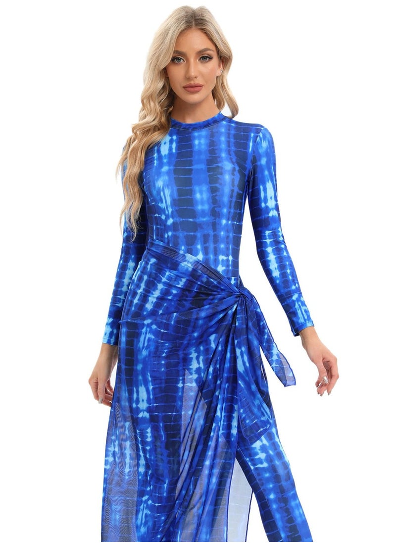NIBEMINENT - Womens Muslim Swimsuits Tie Dye Top Swim Pants with Long Sarong Cover up Wrap Skirt Swimwear Modest Bathing Burkinis Suit 4PCS - Image 1